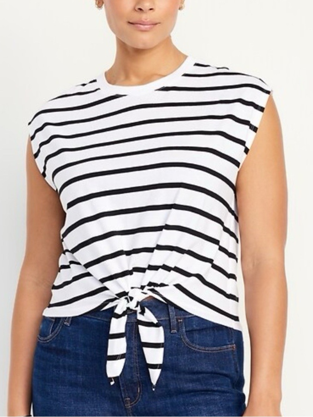 OLD NAVY - Women's Everywear Tie Front Cap Sleeve Top - Black/White Stripe - M